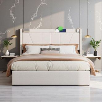 OEM Cama Doble 160x200cm - Cama Cofre Hidr&aacute;ulica - Tela De Lino Ecol&oacute;gico - Almacenamiento Pr&aacute;ctico - Carga Usb/tipo-c