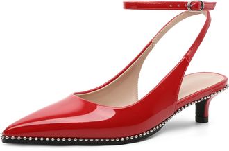 EDEFS Womens Red Patent Leather Pointed Toe Ankle Strap Heels - 1.5 Kitten Heel Studded Slingback Pumps for Party