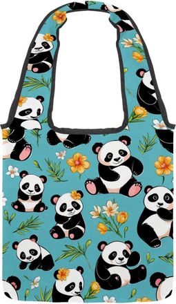 Generic Cute Panda on Blue Reversible Canvas Shoulder Tote - Double-Sided Print, 12oz Cotton, 27cm Drop, Fold-Flat Bag for Travel, Shopping, Street Outings