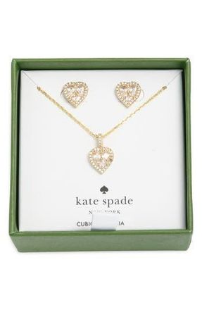 Kate Spade New York spell it out cubic zirconia heart pendant necklace & stud earrings set in Clear/Gold at Nordstrom Rack