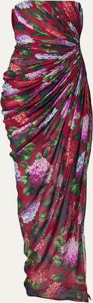 Carolina Herrera Strapless Floral Silk Chiffon Draped Slit Gown