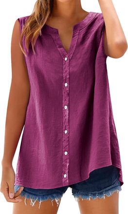 Generic Lazzboy Womens Sleeveless Blouses Loose Fitting V Neck Tank Tops Summer Shirts Linen Blend Top - Breathable Camisole For Summer, Casual Vest Beach Hol