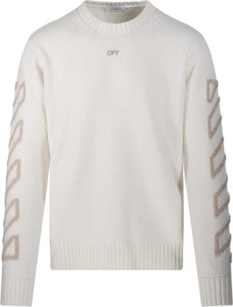 Off-white Trui met ronde hals en Diag Arrow Fuzzy Knit - Heren - Ronde hals truien - Wit - 3XL - Katoen - Truien & Vesten