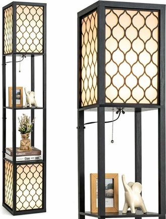 Costway Lampada a Stelo da Terra, Lampada Scaffale con 2 Ripiani di Legno, Luce per Camera da Letto Salone Ufficio, 26 x 26 x 156 cm - Costway