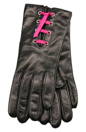 Portolano Eyelet Lace-Up Leather Gloves in Black/Brght Fuxia at Nordstrom Rack, Size 8
