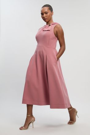 Karen Millen Womens Plus Size Compact Stretch Bow Tie Neck Trim Detail Tailored Full Midi Dress - Rose - Size 24 UK