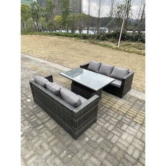 Fimous 6 Seater Outdoor Rattan Sofa Set Garden Furniture Adjustable Rising Lifting Dining Table Dark Grey Mixed - Fimous
