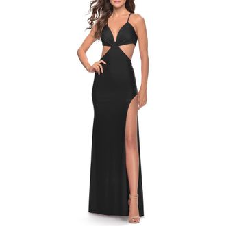 La Femme Jersey Prom Dress with Side Cut Outs and Tie Back in Black at Nordstrom, Size 10