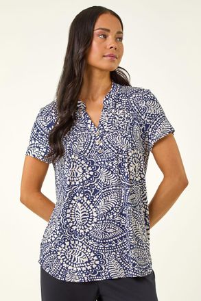Roman Abstract Print Button Stretch Top