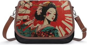 Generic Geisha Japanese Flag Crossbody Bag Womens Handbag PU Message Bags Shoulder Purse with Adjustable Strap