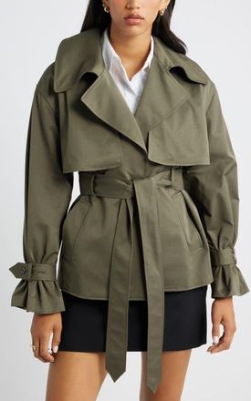 Open Edit Exaggerated Crop Trench Coat in Olive Sarma at Nordstrom, Size Large