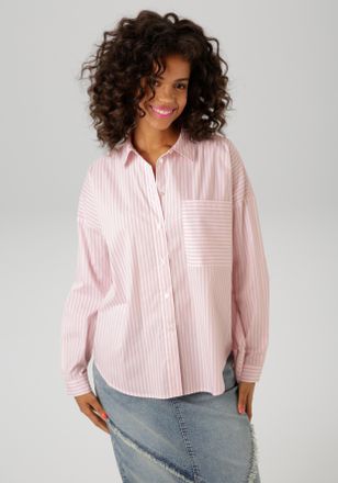 Aniston Hemdbluse ANISTON CASUAL, Damen, Gr. 36, rosa (rosa, wei&szlig;), Web, Obermaterial: 72% Baumwolle, 27% Polyamid, 1% Elasthan, gestreift, oversize Po-bedeck