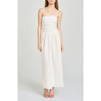 Wayf Pippa Gathered Eyelet Strapless Cotton Midi Dress in Ivory at Nordstrom, Size X-Small