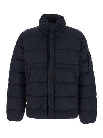 C.P. Company Blue Down Jacket With Fixed Hood And Logo Plaque On The Sleeve In Tech Fabric Man
