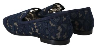 Dolce & Gabbana Womens Floral Lace Flat Navy Cotton Suede