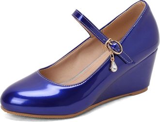 Generic Womens Mary Jane Wedge Shoes Adjustable Buckle Strap Teardrop Crystal Charm Round Toe Metallic PU Leather Non Slip Sole Comfortable Stylish Daily Shoe