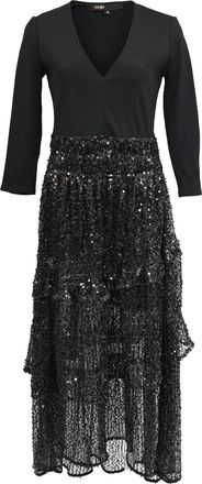 Maje V-Neck Sequined Midi Tiered Dress in Black Polyamide