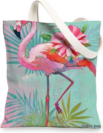 Generic Tropical Bird Canvas Tote Bag, Tropical Reusable Shopping Bags, Lightweight Floral Shoulder Strap Bags 13x15 Inch