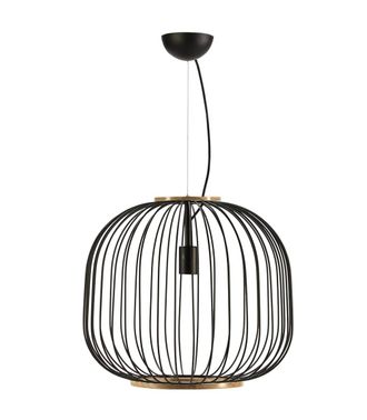 Els Banys L&aacute;mpara techo met&aacute;lica negro y madera natural cable tensor acero