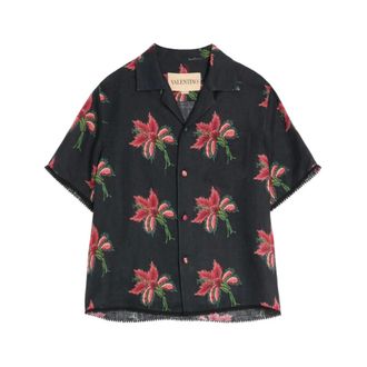 Valentino Linen Bowling Shirt With Papier Floral Print - male - Valentino - Short Sleeve Shirts - Multicolor - M - Shirts
