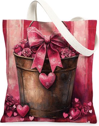 Generic Valentines Day Floral Canvas Tote Bags, Heart Pattern Reusable Grocery Bags, Lightweight Washable Shoulder Strap Canvas for Travel Beach Picnic 13x15 