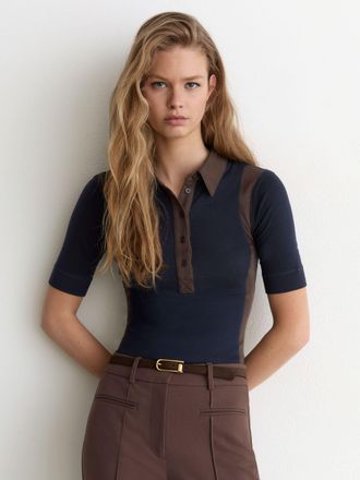 Reiss Navy & chocolate Brown Colour-block Half-button Top With Wool, XL