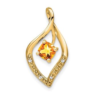 Diamond2Deal 14k Yellow Gold 5mm Cushion Citrine and Diamond Leaf Chain Slide Pendant