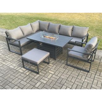 Fimous Fimous Aluminium Outdoor Garden Furniture Corner Sofa Gas Fire Pit Dining Table Sets Gas Heater Burner with Chair Big Footstool Dark Grey 8 Seater