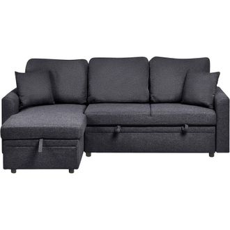 Beliani Divano letto angolare moderno a destra rivestimento in poliestere effetto lino cuscini extra e contenitore nero NASSJO