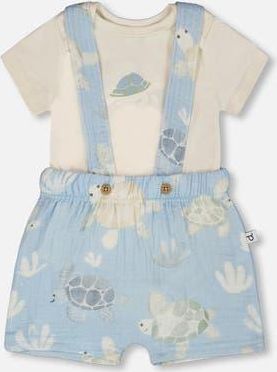 Deux par Deux Organic Cotton Jersey Bodysuit and Muslin Turtle Print Shortall Set in White & Blue Turtle Print at Nordstrom, Size 12M