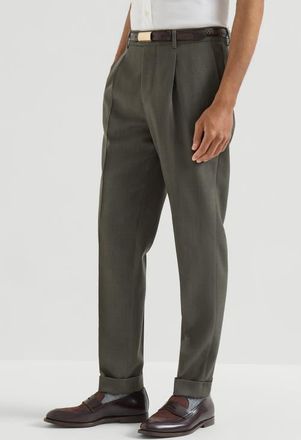 Brunello Cucinelli Virgin wool canvas trousers with pleat in Forest at Nordstrom, Size 48