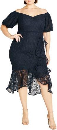 City Chic Lily Off the Shoulder Lace Dress in Navy at Nordstrom Rack, Size Xs/14W