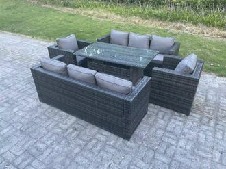 Fimous Outdoor Lounge Sofa Rattan Garden Furniture Set Patio Armchair & Rectangular Dining Table 8 Seater in Dark Grey