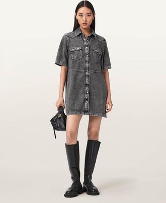 AllSaints Main: 51% Cotton, 33% Viscose, 16% Polyester Rock Denim Mini Dress, Size: UK 14/US 10