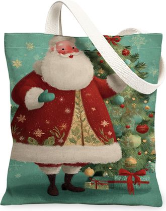 Generic Christmas Santa Canvas Tote Bag, Holiday Design Reusable Grocery Bag, Vintage Lightweight Washable Shoulder Strap Canvas Fo, Teal, 13x15 Inch