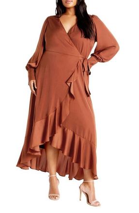 City Chic Marceline Long Sleeve Wrap Maxi Dress in Toffee at Nordstrom, Size Xs