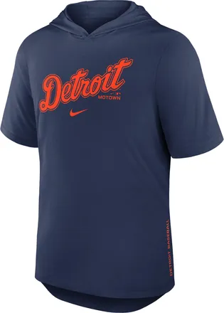 Nike Detroit Tigers Arched Wordmark Nike Mens Dri-FIT MLB Hooded T-Shirt in Blue | 03NB44BDG-6XV
