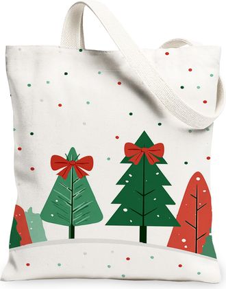 Generic Christmas Trees Canvas Tote Bags, Holiday Plant Pattern Reusable Bags, Winter Lightweight Washable Shoulder Strap Canvas Fo, White, 13x15 Inch