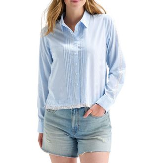 Lucky Brand Stripe Lace Trim Button-Up Shirt in Blue Stripe at Nordstrom Rack, Size X-Small