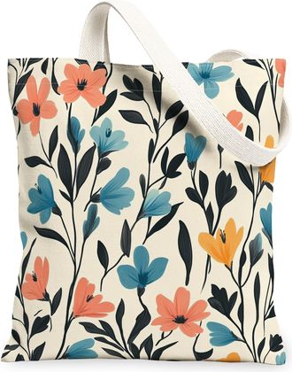 Generic Spring Bluebell Flower Canvas Tote Bag for Shopping 13x15, Vintage Retro Florals Reusable Grocery Print Bag for Women, Fun Aesthetic Beach Aesthetic P