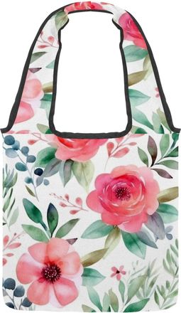 Generic Floral with Leaves Reversible Canvas Shoulder Tote - Double-Sided Print, 12oz Cotton, 27cm Drop, Fold-Flat Bag for Travel, Shopping, Street Outings