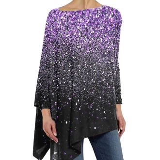 Generic Long Sleeve Womens Black Glitter 3/4 Sleeve Blouse Sequins Tops 3D Print Crew Neck T-Shirt Oversize Tunic Tops Festive Long Shirt Blouses & Do for Wom