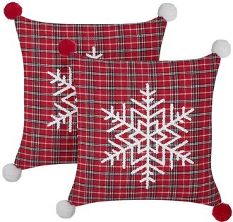 Beliani Beliani - Set of 2 Scatter Cushions Polyester Fabric Throw Pillow Tartan Christmas Pattern 45 x 45 cm Red Lonicera