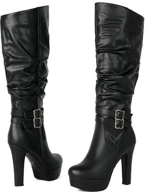 Generic Womens Fashion Pleated Knee High Riding Boots with Buckle Strap Round Toe Platform Chunky High Heels Winter Pumps (Black,8.5)
