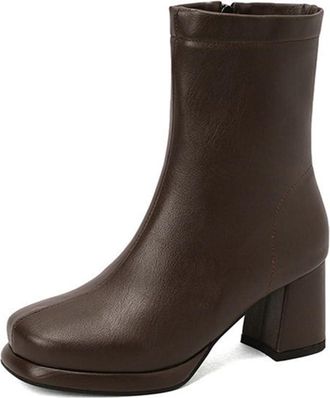 Generic Womens Minimalist Soild Color Ankle Boots Fashion Square Toe Block Heel Platform Shoes with Side Zipper (Brown,7.5)