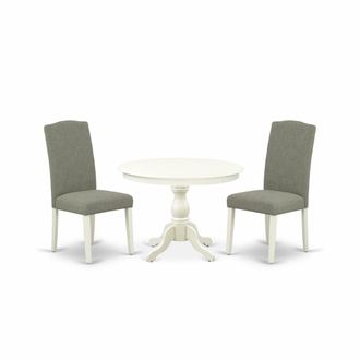 East West Furniture HBEN3-LWH-06 3 Piece Dining Room Table Set - Linen White Wood Dining Table and 2 Dark Shitake Linen Fabric Mid Century Modern Chairs with High Back - 