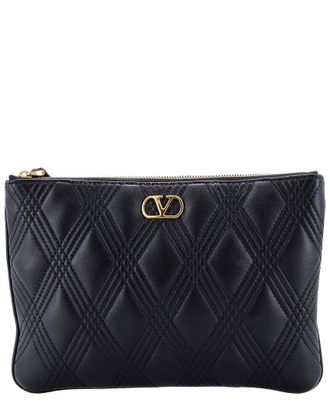 Valentino Black Quilted Leather Quiltie 67 Zip Pouch Medium (Authentic Pre- Loved)