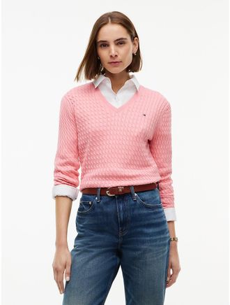 Tommy Hilfiger Womens Lightweight Cable Knit V-Neck Sweater - Carnation Pink - XXS