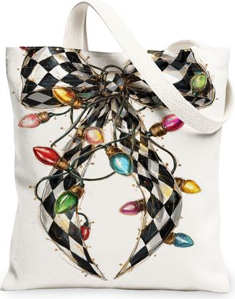 Generic Holiday Lights Canvas Tote Bag, Decorative Bow Pattern Reusable Shopping Bags, Winter Vintage Lightweight Washable Shoulder, White, 13x15 Inch