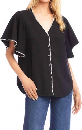 Karen Kane Flutter Sleeve Edge Stitch Top In Black With Cream